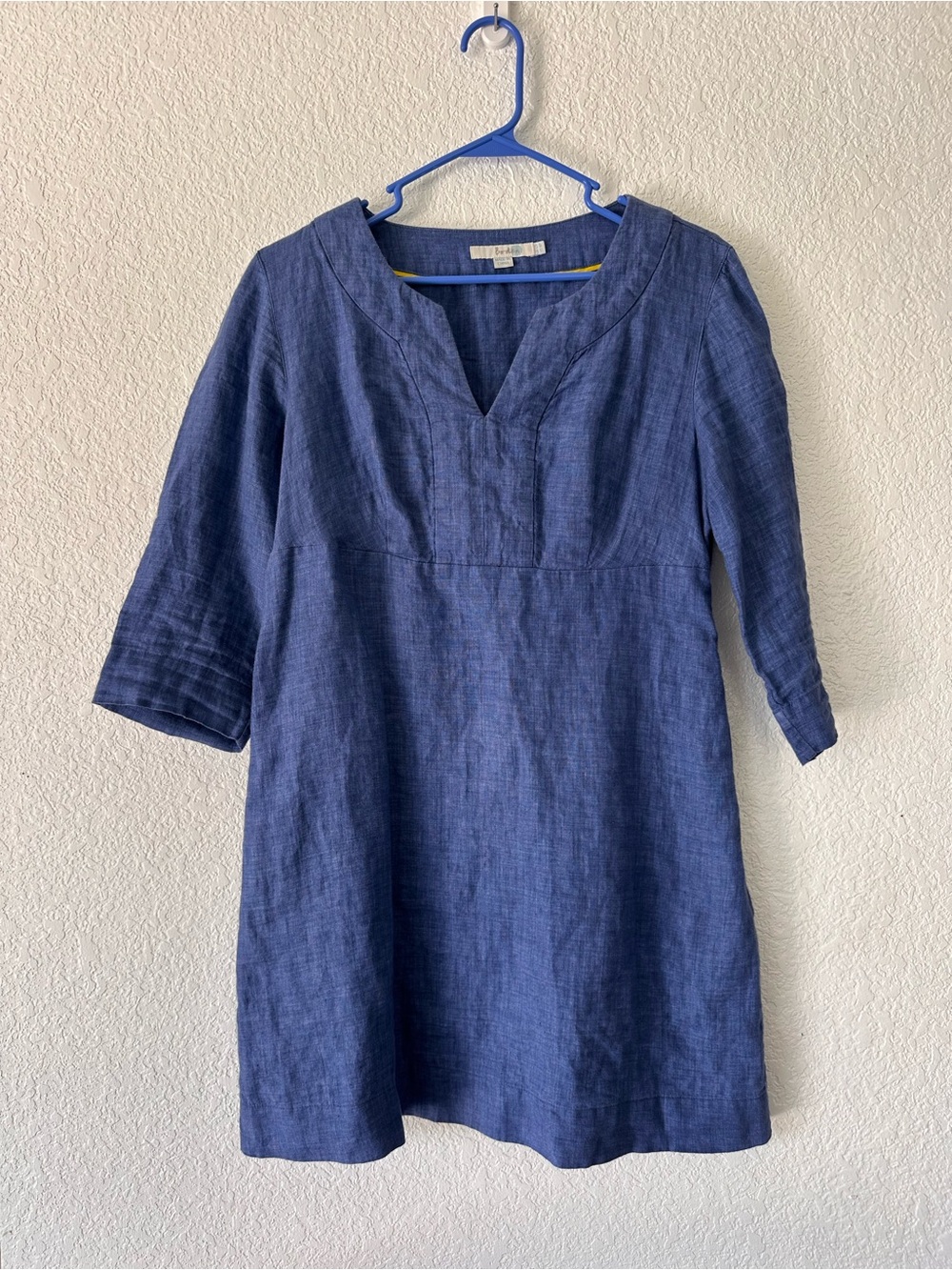 Boden Women 100% Linen Blue 3Q Sleeve V Neck Shirt Dress Size 8P (S26)